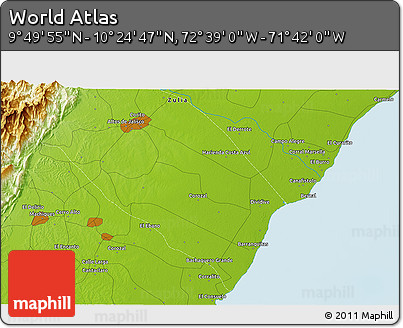 Physical 3D Map of the Area around 10° 7' 21" N, 72° 10' 30" W