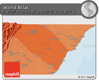 Political 3D Map of the Area around 10° 7' 21" N, 72° 10' 30" W