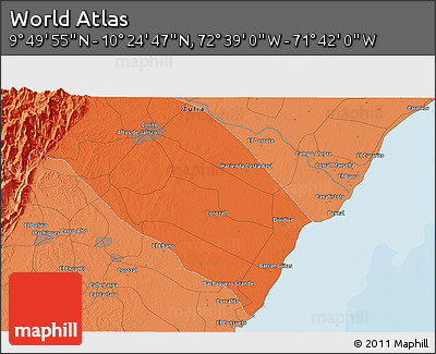 Political 3D Map of the Area around 10° 7' 21" N, 72° 10' 30" W