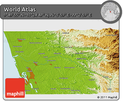 Physical 3D Map of the Area around 10° 7' 21" N, 76° 34' 29" E