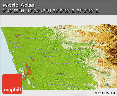 Physical 3D Map of the Area around 10° 7' 21" N, 76° 34' 29" E