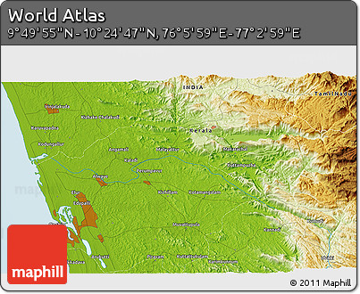 Physical 3D Map of the Area around 10° 7' 21" N, 76° 34' 29" E