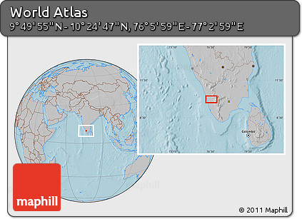 Gray Location Map of the Area around 10° 7' 21" N, 76° 34' 29" E, hill shading