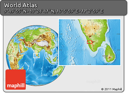 Physical Location Map of the Area around 10° 7' 21" N, 76° 34' 29" E