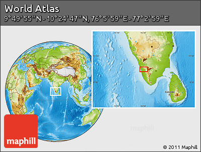 Physical Location Map of the Area around 10° 7' 21" N, 76° 34' 29" E