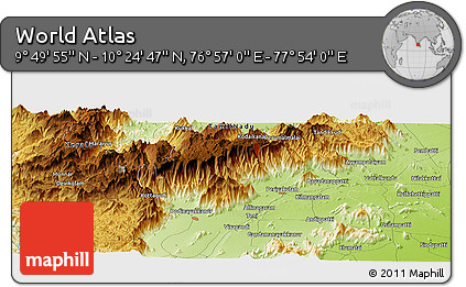 Physical Panoramic Map of the Area around 10° 7' 21" N, 77° 25' 30" E