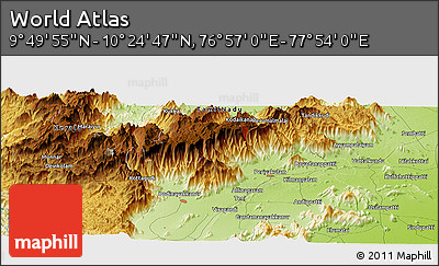 Physical Panoramic Map of the Area around 10° 7' 21" N, 77° 25' 30" E