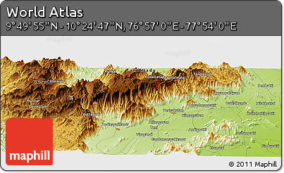 Physical Panoramic Map of the Area around 10° 7' 21" N, 77° 25' 30" E