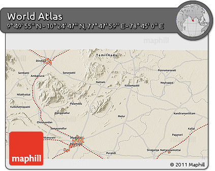 Shaded Relief 3D Map of the Area around 10° 7' 21" N, 78° 16' 30" E