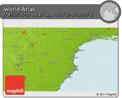 Physical 3D Map of the Area around 10° 7' 21" N, 79° 7' 30" E