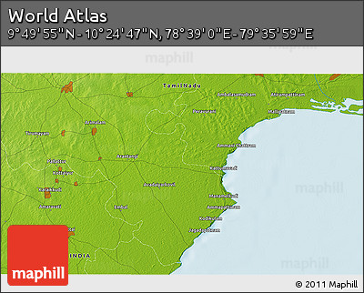 Physical 3D Map of the Area around 10° 7' 21" N, 79° 7' 30" E