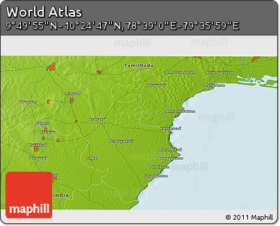 Physical 3D Map of the Area around 10° 7' 21" N, 79° 7' 30" E