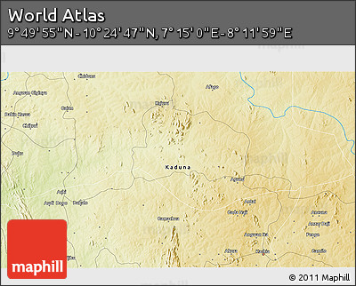 Physical 3D Map of the Area around 10° 7' 21" N, 7° 43' 29" E