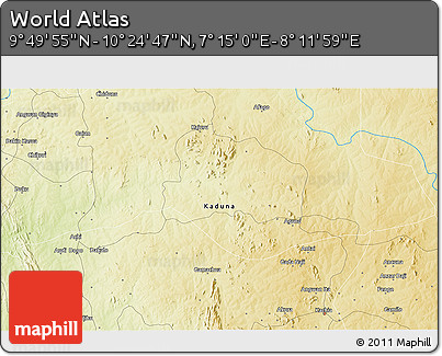 Physical 3D Map of the Area around 10° 7' 21" N, 7° 43' 29" E