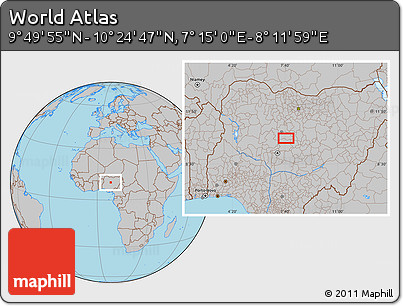 Gray Location Map of the Area around 10° 7' 21" N, 7° 43' 29" E