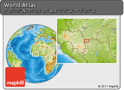 Physical Location Map of the Area around 10° 7' 21" N, 7° 34' 30" W