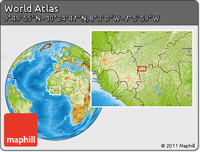 Physical Location Map of the Area around 10° 7' 21" N, 7° 34' 30" W