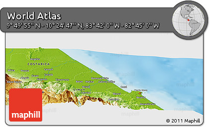 Physical Panoramic Map of the Area around 10° 7' 21" N, 83° 13' 29" W