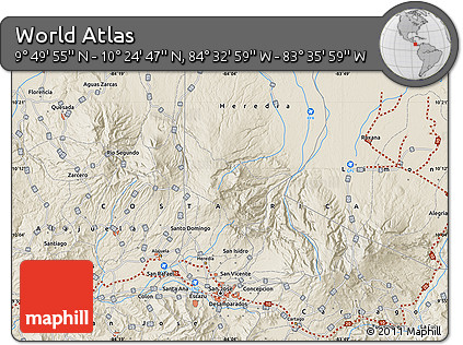 Shaded Relief Map of the Area around 10° 7' 21" N, 84° 4' 29" W