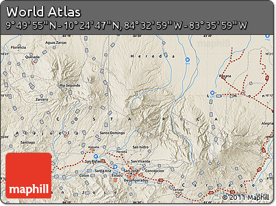 Shaded Relief Map of the Area around 10° 7' 21" N, 84° 4' 29" W