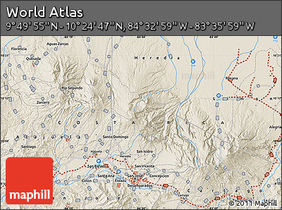 Shaded Relief Map of the Area around 10° 7' 21" N, 84° 4' 29" W