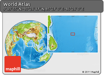 Physical Location Map of the Area around 10° 7' 21" N, 85° 55' 30" E