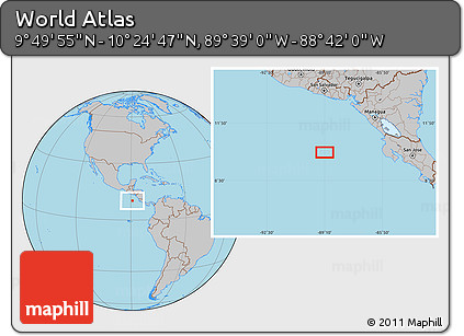 Gray Location Map of the Area around 10° 7' 21" N, 89° 10' 30" W