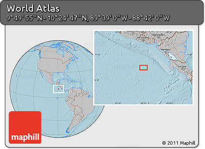 Gray Location Map of the Area around 10° 7' 21" N, 89° 10' 30" W, hill shading