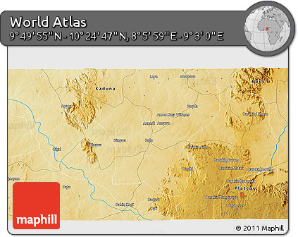 Physical 3D Map of the Area around 10° 7' 21" N, 8° 34' 29" E