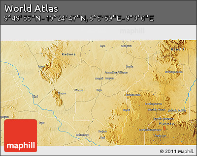 Physical 3D Map of the Area around 10° 7' 21" N, 8° 34' 29" E