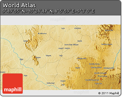 Physical 3D Map of the Area around 10° 7' 21" N, 8° 34' 29" E