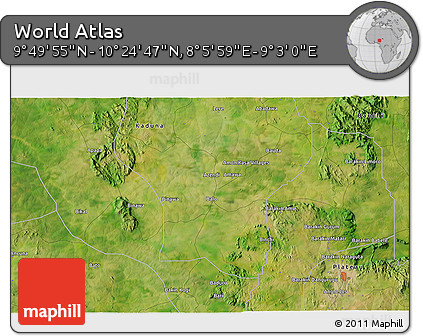 Satellite 3D Map of the Area around 10° 7' 21" N, 8° 34' 29" E