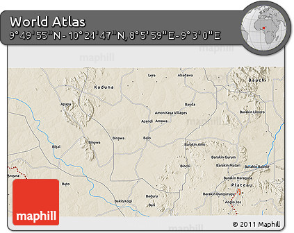 Shaded Relief 3D Map of the Area around 10° 7' 21" N, 8° 34' 29" E