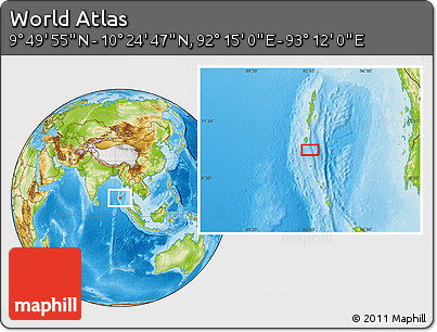 Physical Location Map of the Area around 10° 7' 21" N, 92° 43' 29" E