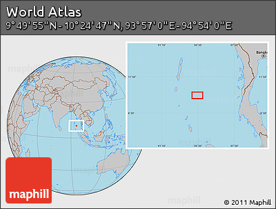 Gray Location Map of the Area around 10° 7' 21" N, 94° 25' 30" E