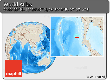 Shaded Relief Location Map of the Area around 10° 7' 21" N, 96° 58' 29" E