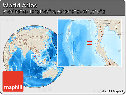 Shaded Relief Location Map of the Area around 10° 7' 21" N, 96° 58' 29" E