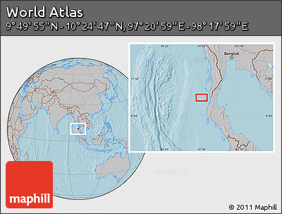 Gray Location Map of the Area around 10° 7' 21" N, 97° 49' 29" E, hill shading