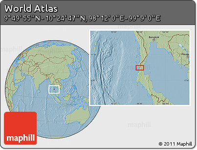 Savanna Style Location Map of the Area around 10° 7' 21" N, 98° 40' 30" E, hill shading