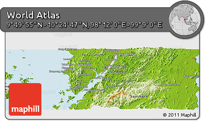 Physical Panoramic Map of the Area around 10° 7' 21" N, 98° 40' 30" E