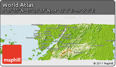 Physical Panoramic Map of the Area around 10° 7' 21" N, 98° 40' 30" E
