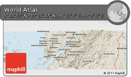 Shaded Relief Panoramic Map of the Area around 10° 7' 21" N, 98° 40' 30" E