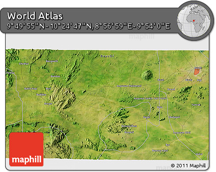 Satellite 3D Map of the Area around 10° 7' 21" N, 9° 25' 30" E
