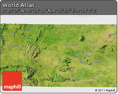 Satellite 3D Map of the Area around 10° 7' 21" N, 9° 25' 30" E