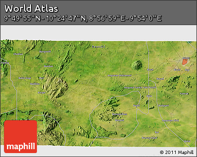 Satellite 3D Map of the Area around 10° 7' 21" N, 9° 25' 30" E