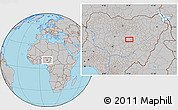 Gray Location Map of the area around 10° 7' 21" N, 9° 25' 30" E