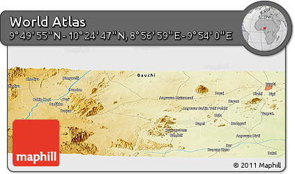 Physical Panoramic Map of the Area around 10° 7' 21" N, 9° 25' 30" E