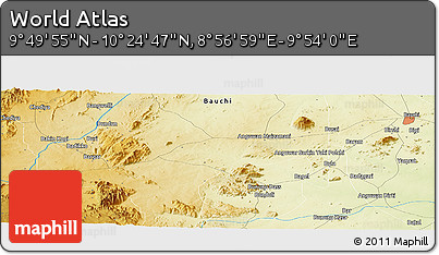 Physical Panoramic Map of the Area around 10° 7' 21" N, 9° 25' 30" E
