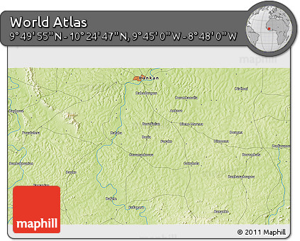 Physical 3D Map of the Area around 10° 7' 21" N, 9° 16' 30" W