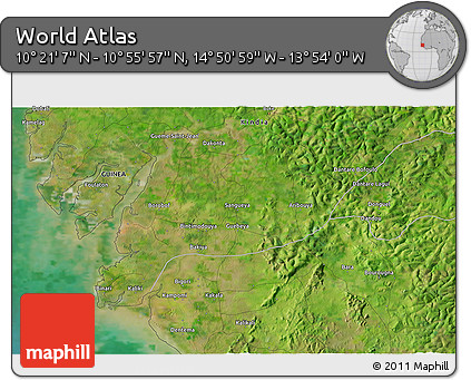 Satellite 3D Map of the Area around 10° 38' 32" N, 14° 22' 30" W